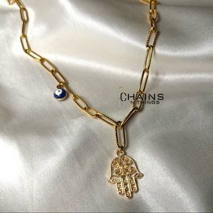 Hand & eye charms Necklace 15.5" gold plated no fade paperclip chain boho style